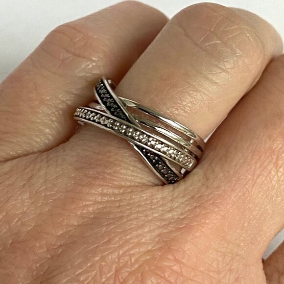 Sterling Silver 925 Black White Diamond Crossover Multi Band Ring Sz 6.5 - Picture 3 of 16